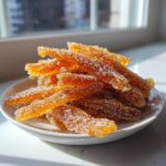 A pile of glistening, sugar-coated candied lemon peel strips resting on a small white dish, backlit by sunlight.