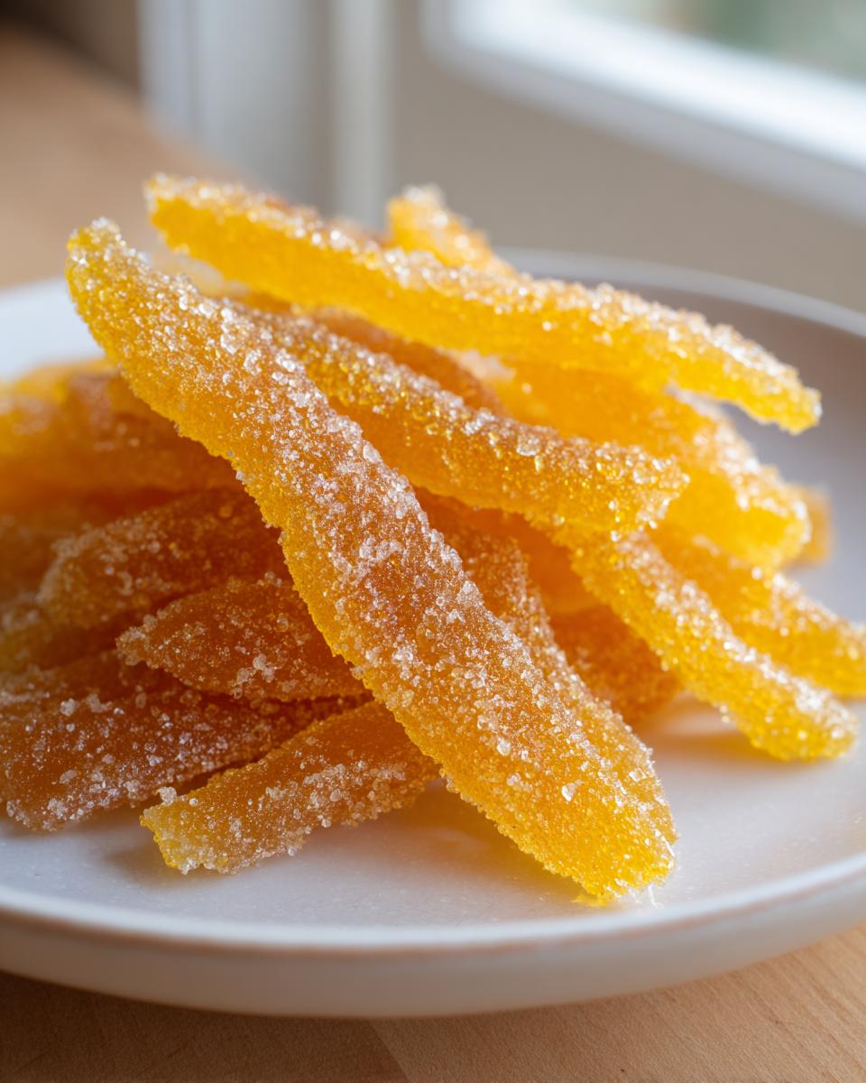 Close-up of bright orange candied lemon peel strips generously coated in sparkling sugar crystals.