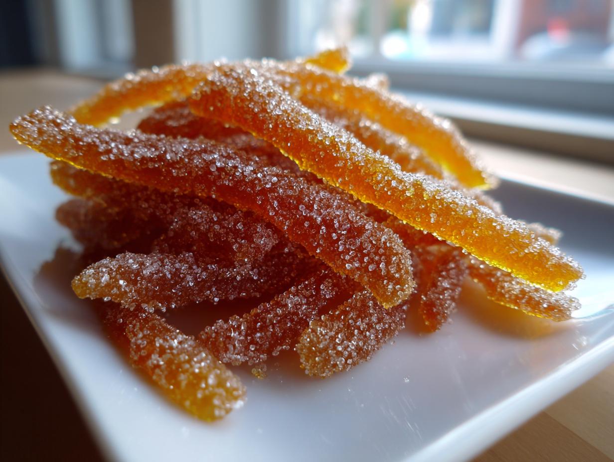 A close-up stack of glistening, sugar-coated candied lemon peel strips resting on a white plate.