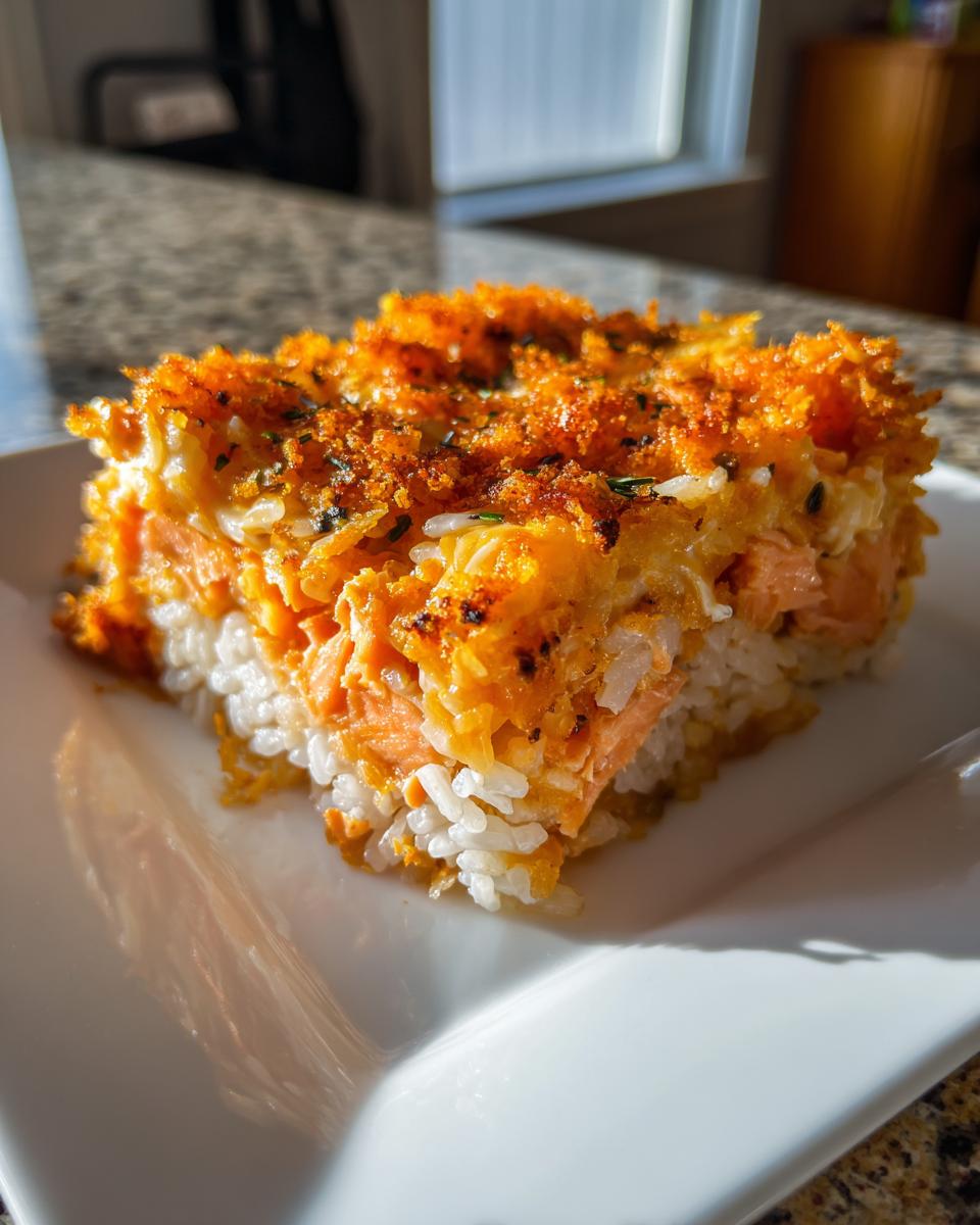 A square portion of sushi bake salmon showing layers of white rice, pink salmon, and a golden, crispy topping.