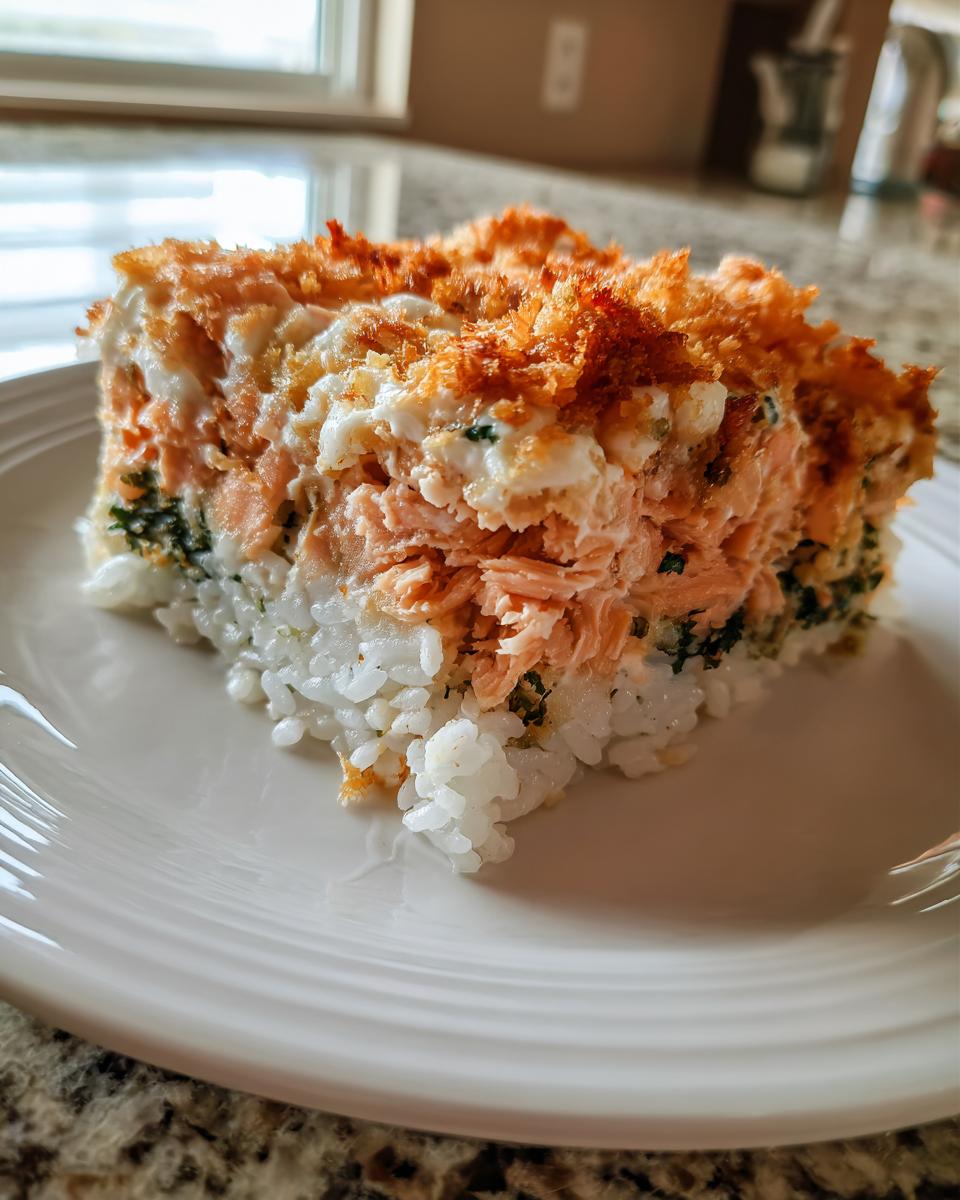 A close-up slice of sushi bake salmon showing layers of rice, creamy salmon mixture, and a crispy topping.
