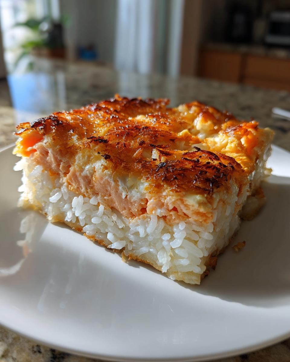 A square serving of sushi bake salmon showing layers of white rice, pink salmon, and a golden-brown, slightly charred topping.