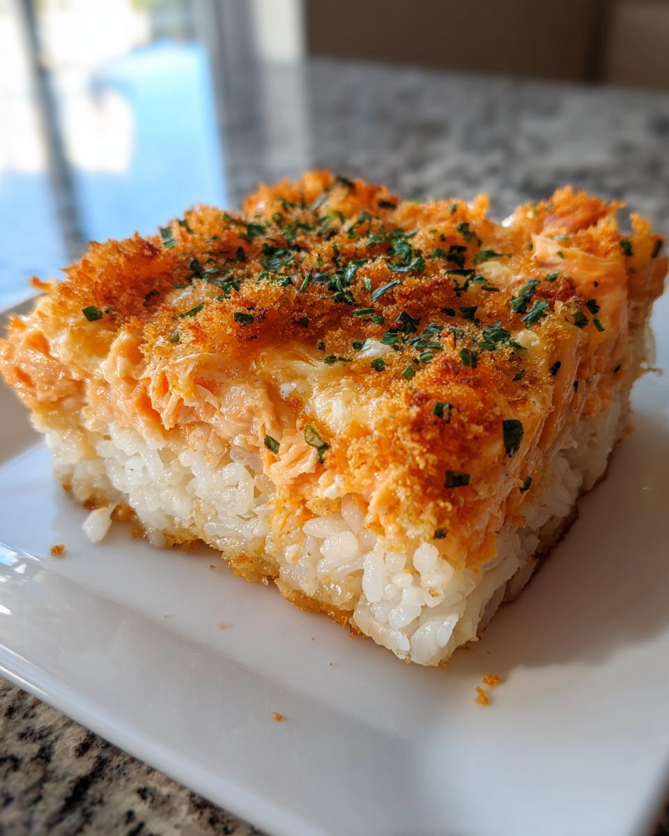 A close-up of a square slice of sushi bake salmon on a white plate, showing layers of rice and a creamy, crispy salmon topping.