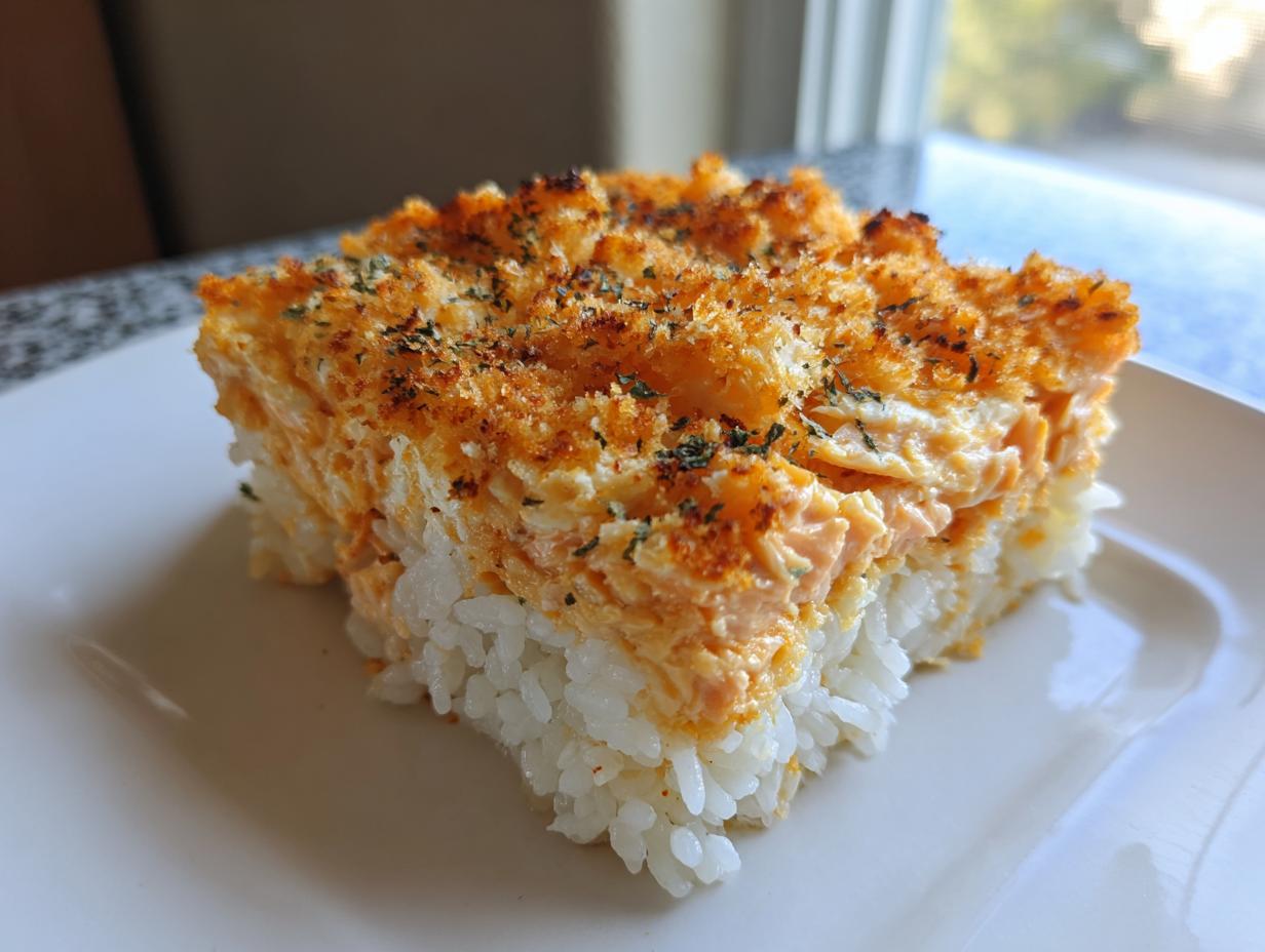 A square slice of sushi bake salmon with a creamy orange topping and crispy panko crust on a white plate.