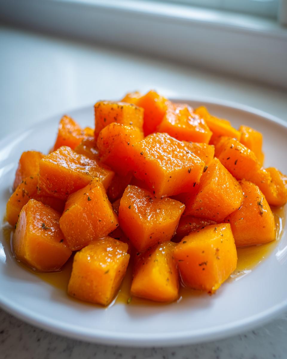 A close-up of bright orange, tender cubes of braised butternut squash seasoned with herbs, sitting in a light glaze on a white plate.