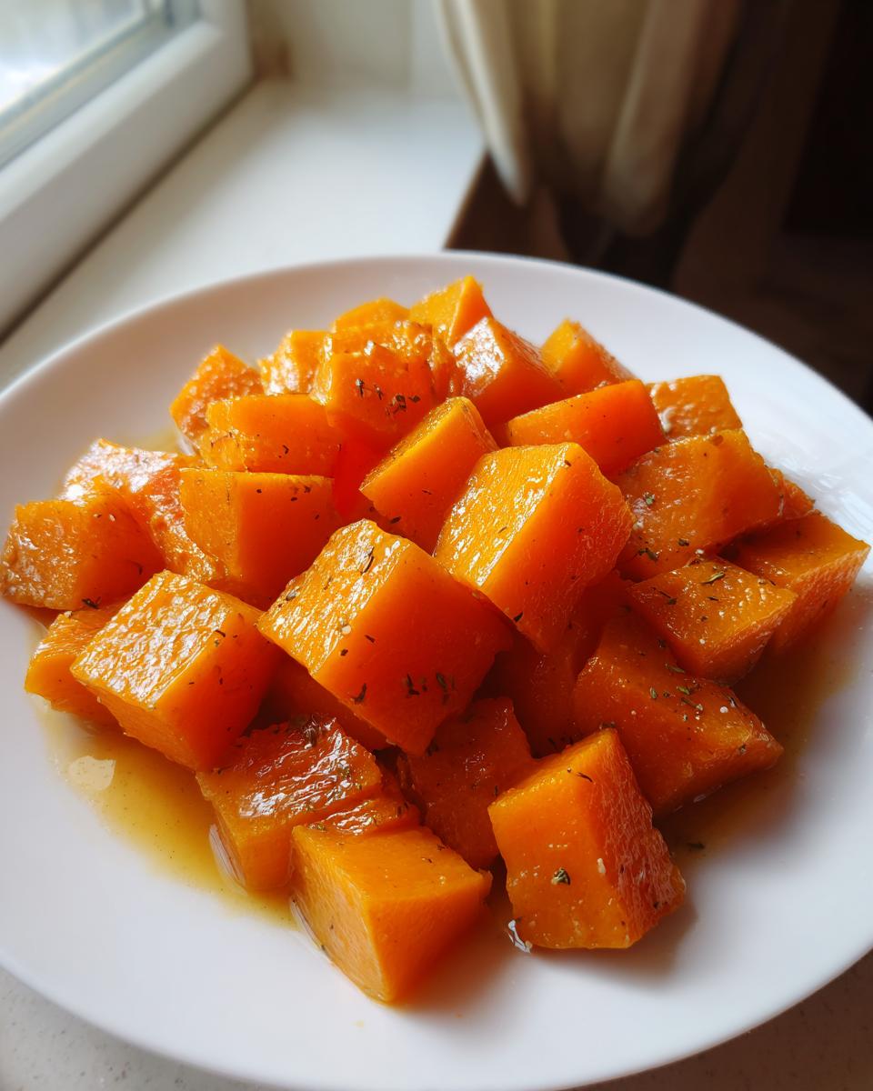 Close-up of glossy, orange cubes of braised butternut squash seasoned with herbs, sitting in a light sauce on a white plate.