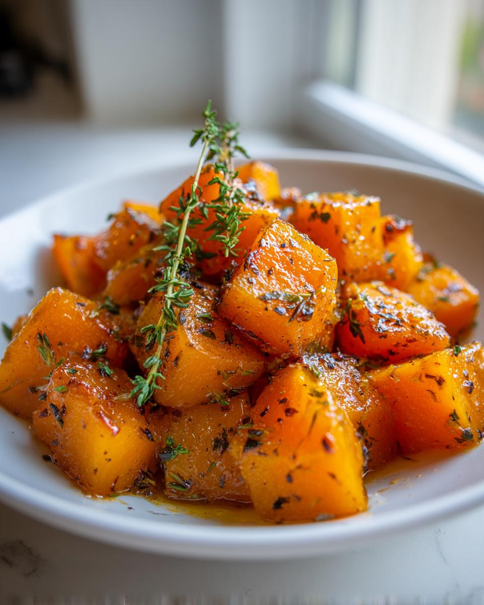 Close-up of glistening, cubed braised butternut squash seasoned with herbs and garnished with fresh thyme.