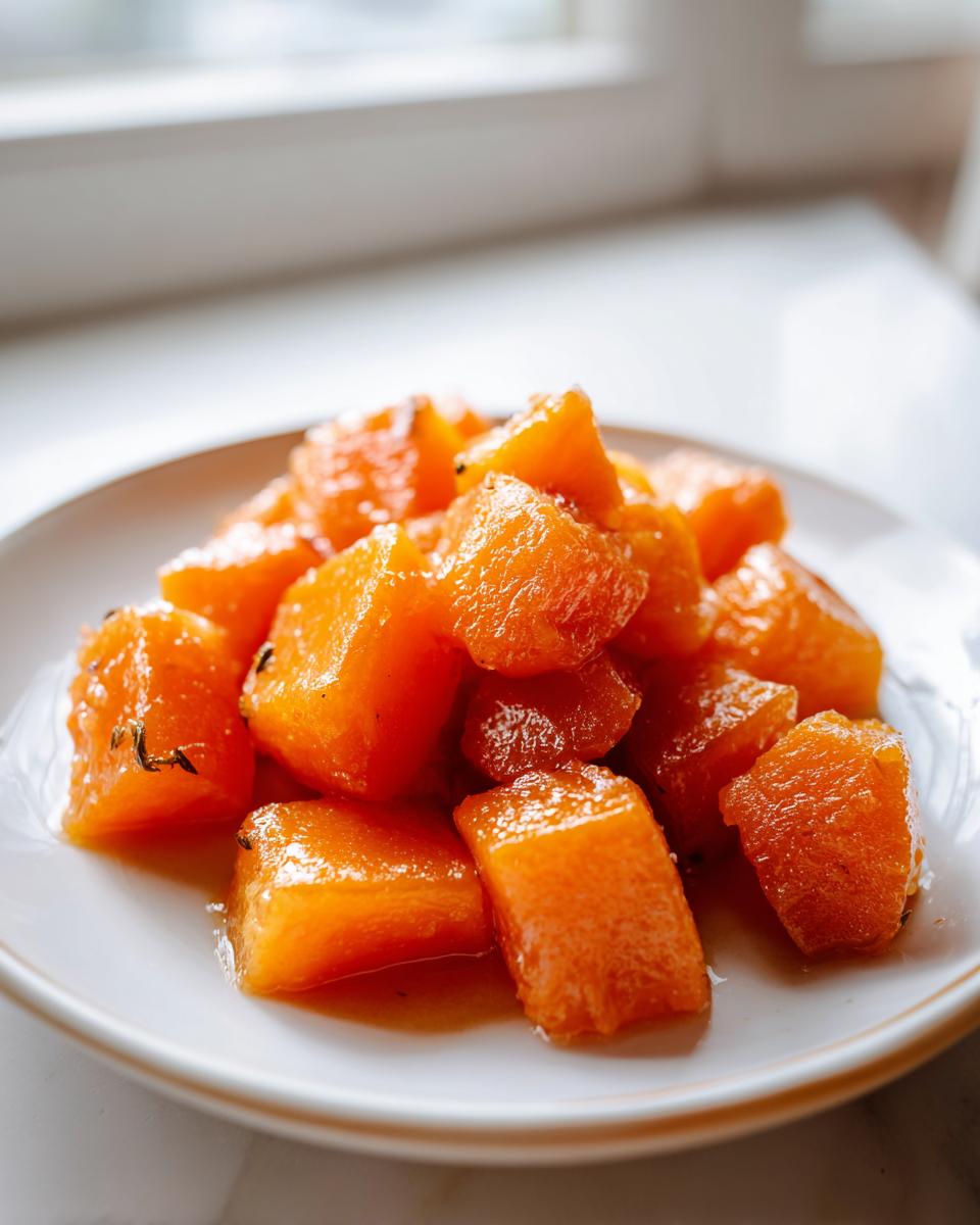 Close-up of glistening, orange cubes of amazing braised butternut sitting in a light syrup on a white plate.
