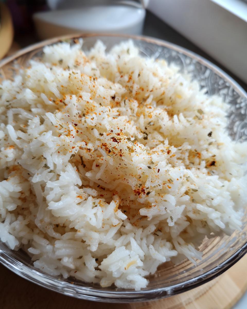 Close-up of fluffy white rice seasoned with spices, resembling texas roadhouse seasoned rice, served in a clear glass bowl.