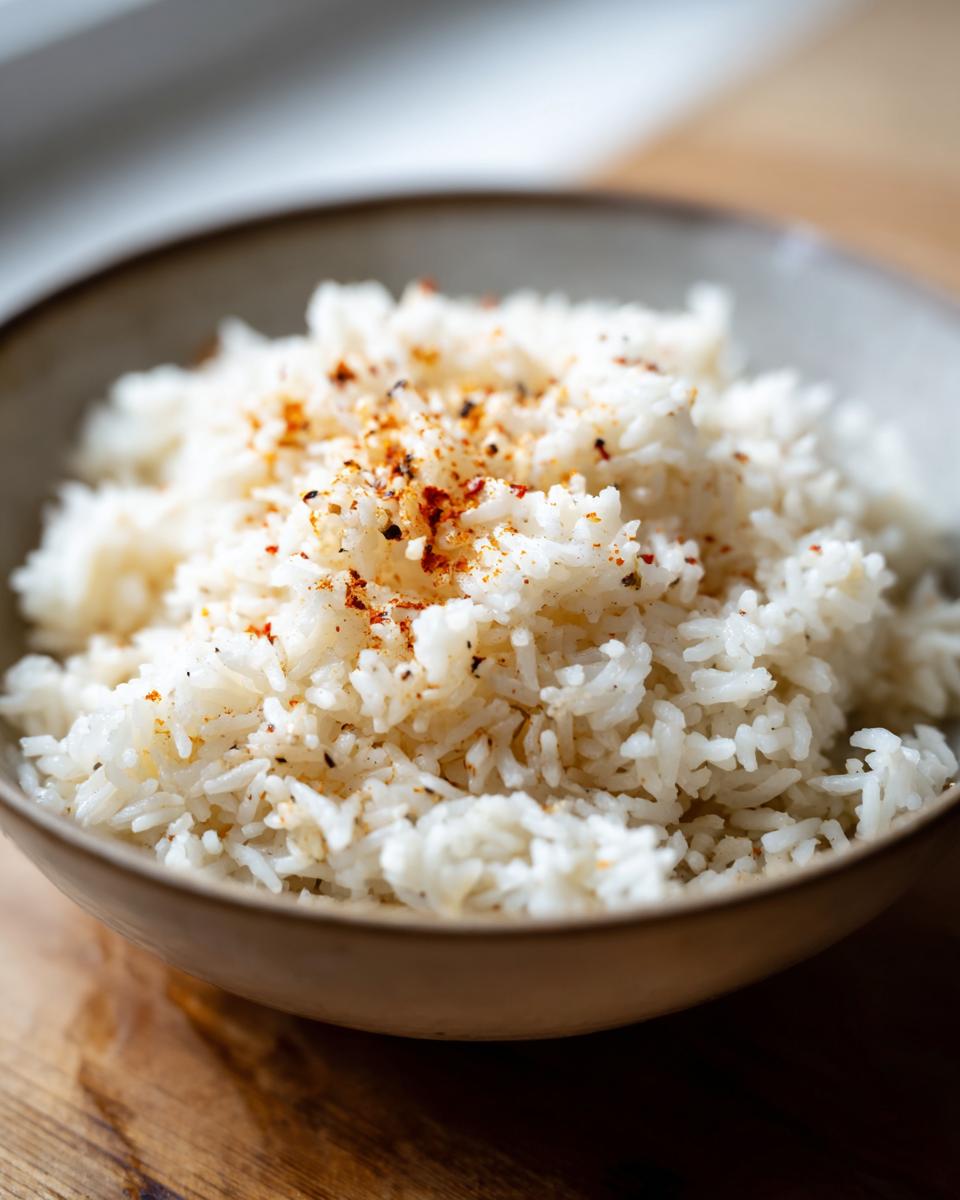 Close-up of fluffy white rice seasoned with spices, resembling texas roadhouse seasoned rice, served in a light brown bowl.
