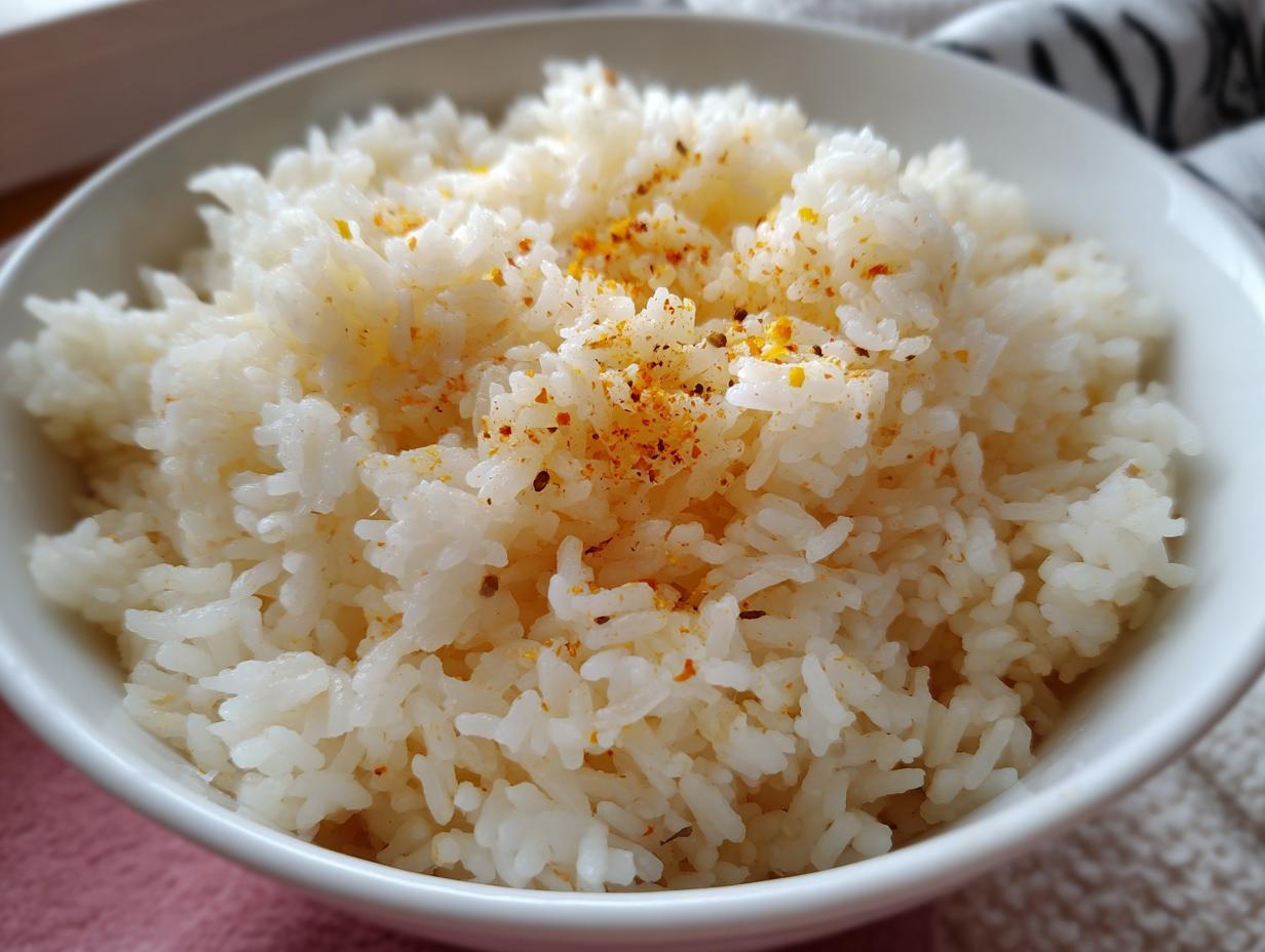 Close-up of fluffy white rice seasoned with yellow and red spices, resembling texas roadhouse seasoned rice, served in a white bowl.