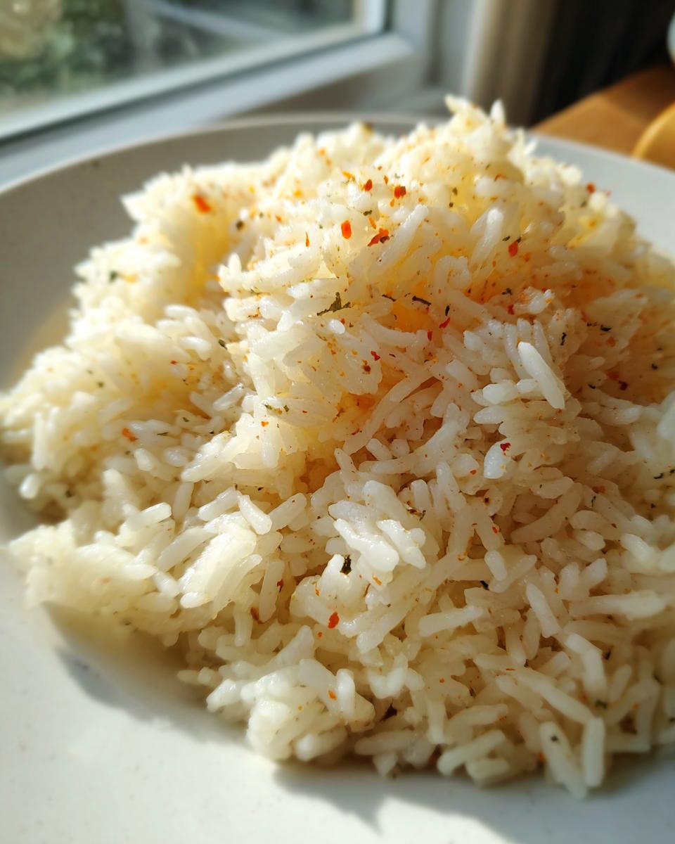 Close-up of fluffy white rice seasoned with spices, resembling texas roadhouse seasoned rice.