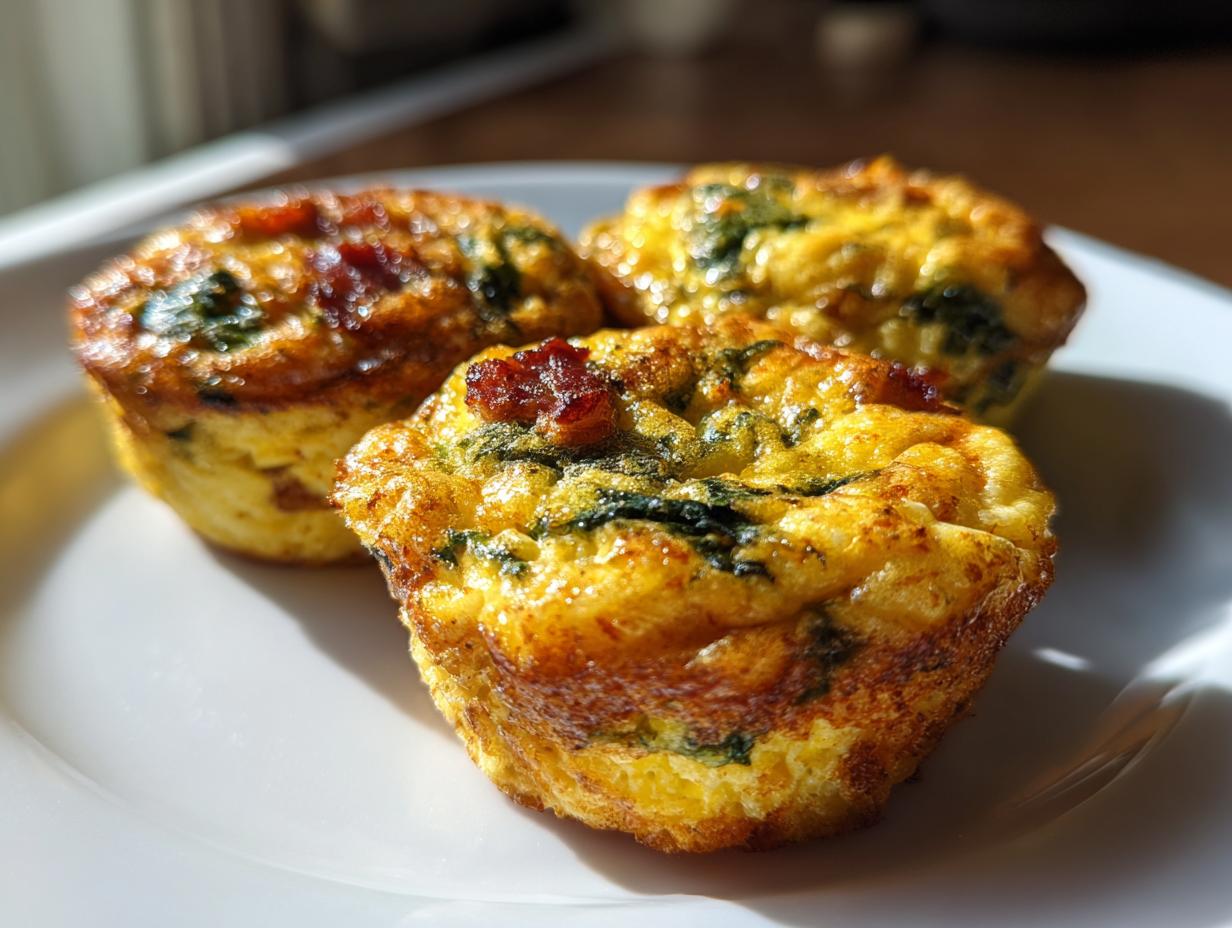 Three golden-brown keto egg bites, featuring spinach and bacon bits, served on a white plate.