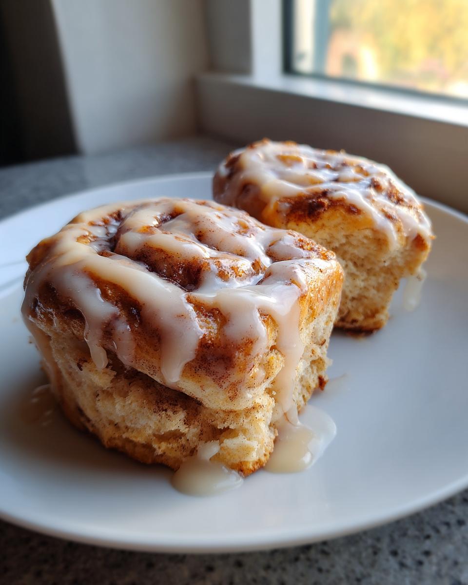Two freshly baked cinnamon bun scones generously topped with white icing, sitting on a white plate near a window.