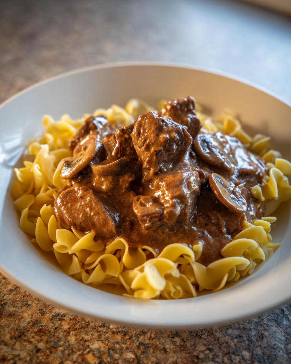 A close-up of a bowl filled with ultimate beef stroganoff, featuring tender beef chunks and mushrooms in a rich sauce over egg noodles.