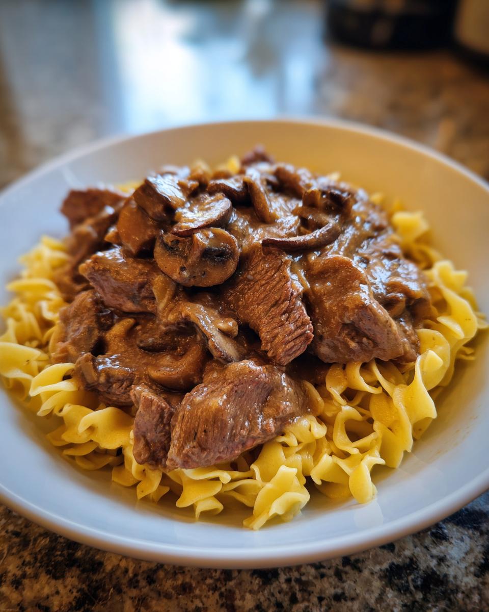 A close-up shot of a bowl filled with ultimate beef stroganoff, featuring tender beef and mushrooms in a rich sauce over egg noodles.