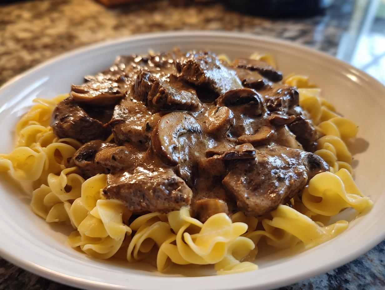 A close-up of a white bowl filled with ultimate beef stroganoff featuring tender beef and mushrooms in creamy sauce over egg noodles.
