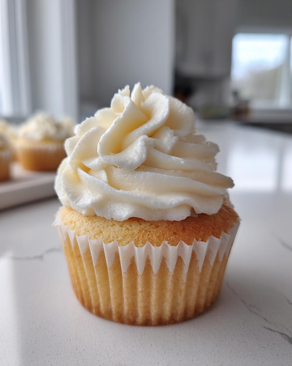 A single, perfectly baked vanilla cupcake from scratch topped with a swirl of creamy white frosting, sitting on a white counter.