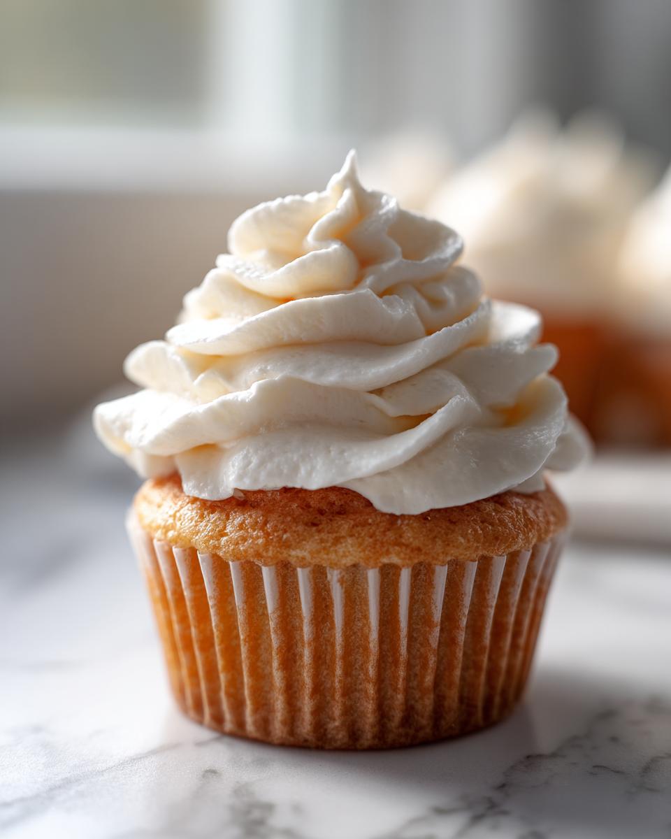 Close-up of a single vanilla cupcake from scratch topped with a tall swirl of white vanilla buttercream frosting.