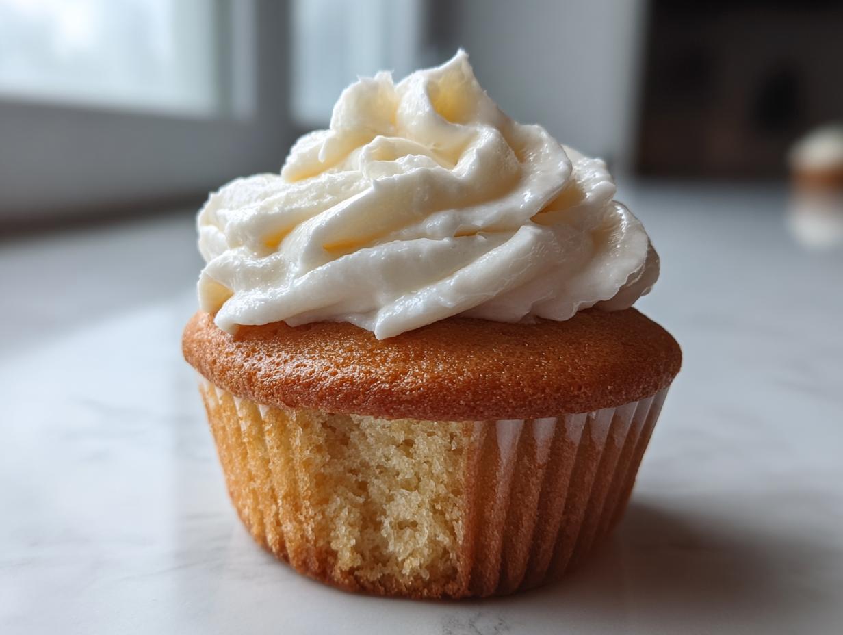 Close-up of a single, perfectly baked vanilla cupcake from scratch topped with a swirl of white vanilla buttercream frosting.