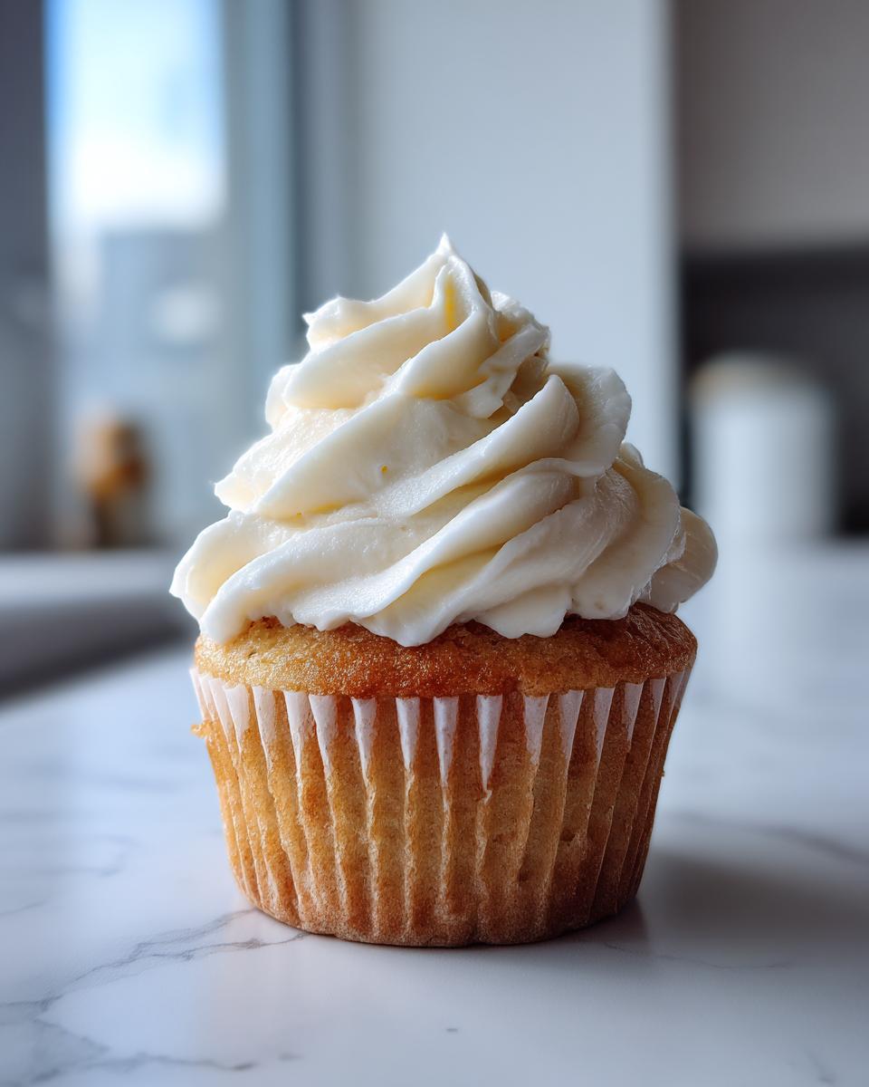 A single, perfectly baked vanilla cupcake from scratch topped with a swirl of rich, white vanilla buttercream frosting.