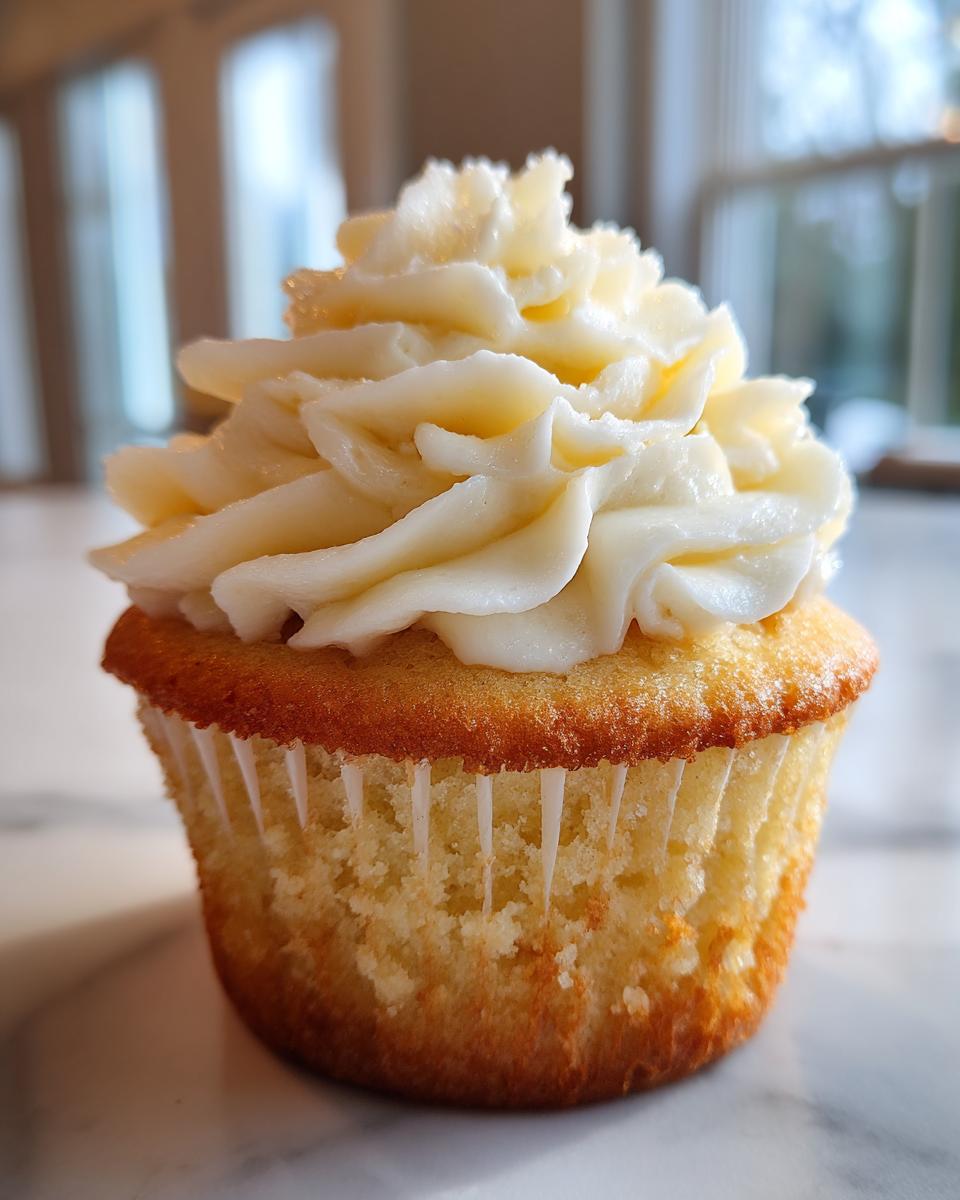 Close-up of a single, perfectly baked vanilla cupcake from scratch topped with a swirl of white vanilla buttercream frosting.