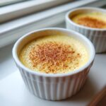 Two individual white ramekins filled with creamy yellow vanilla custard cups, lightly dusted with cinnamon.