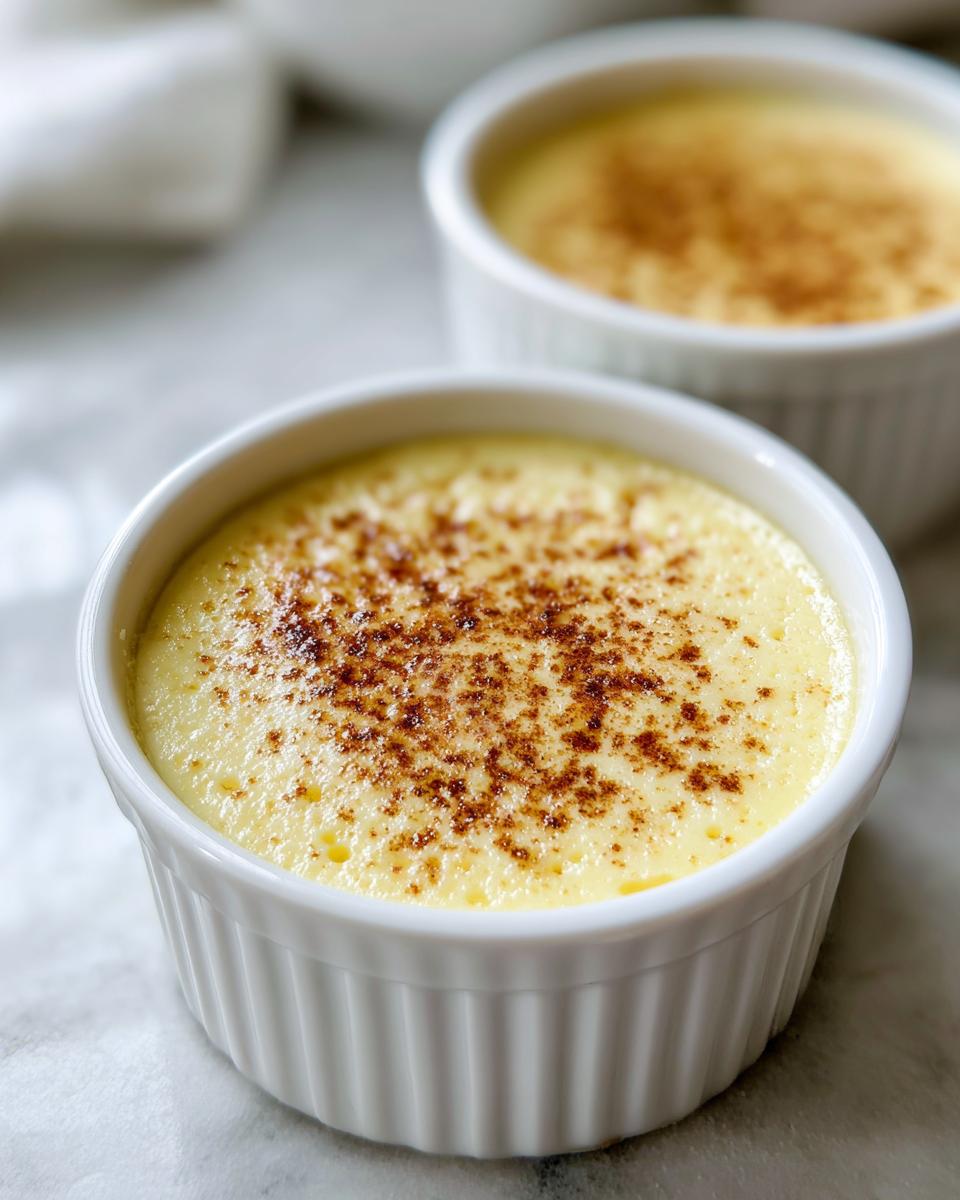 A close-up of a creamy, yellow vanilla custard cup topped with a dusting of cinnamon or nutmeg.