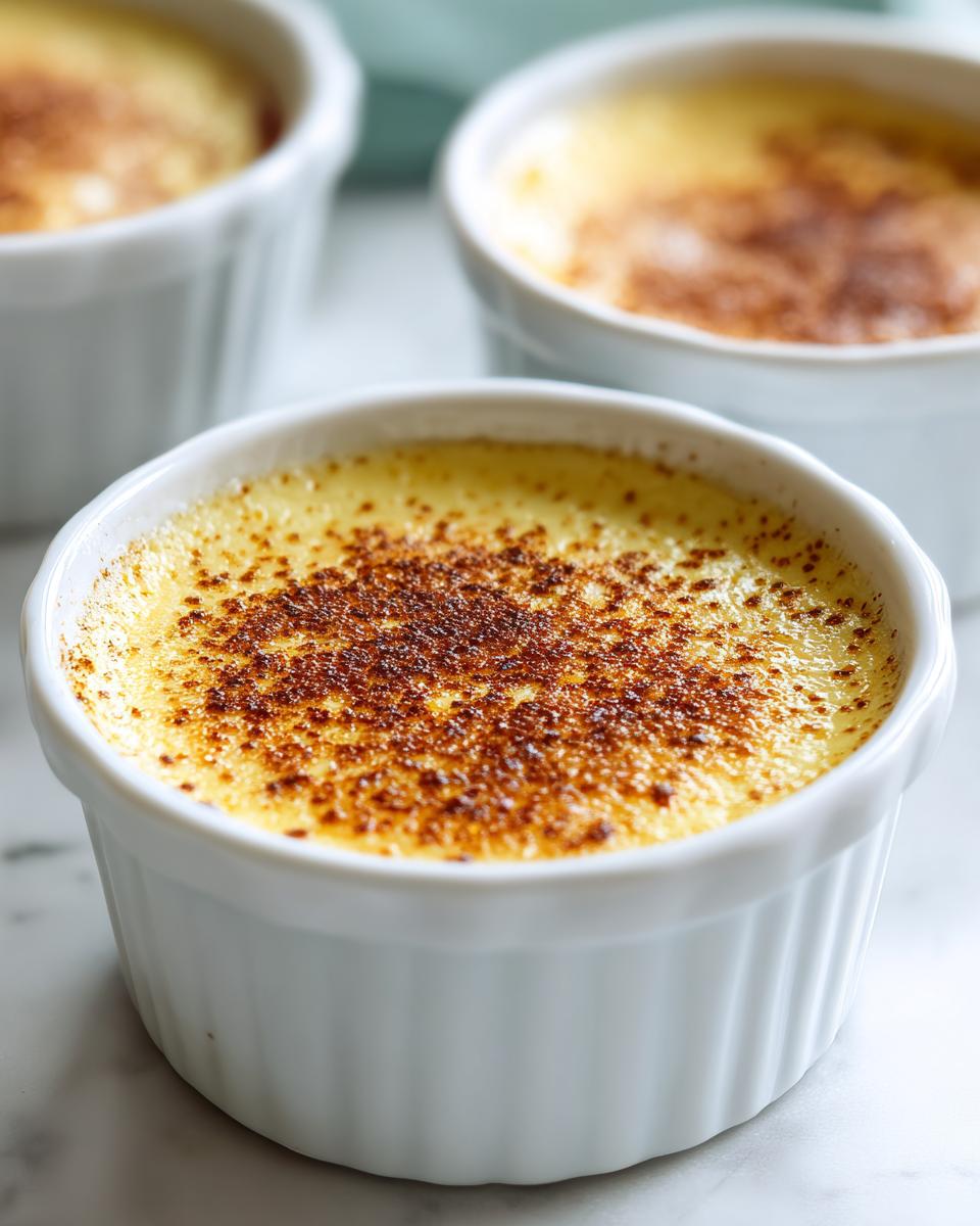 Close-up of a creamy vanilla custard cup topped with caramelized brown sugar.