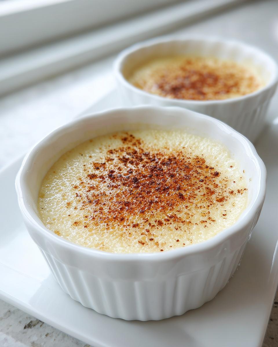 Two white ramekins holding creamy vanilla custard cups, lightly dusted with cinnamon or nutmeg.