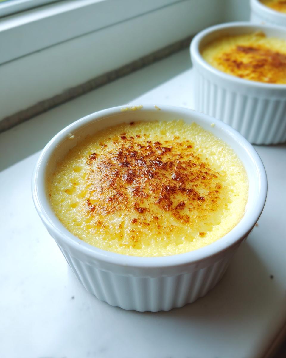 Close-up of a creamy vanilla custard cup with a lightly caramelized, browned sugar topping.