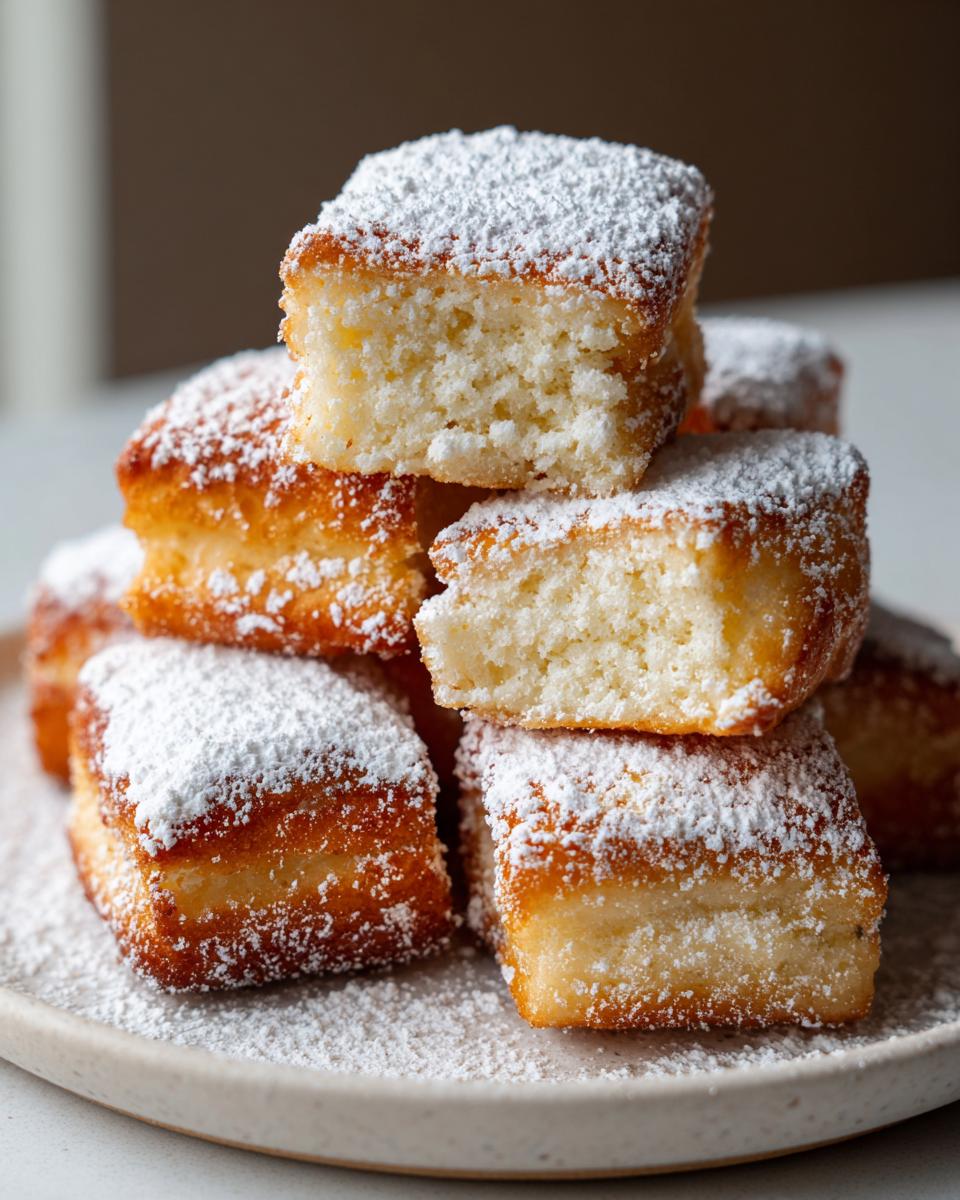 A stack of fluffy, golden vanilla french beignets generously dusted with powdered sugar on a light plate.