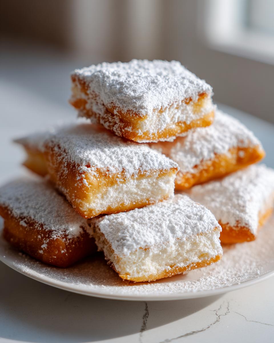 A stack of golden brown vanilla french beignets generously dusted with white powdered sugar on a white plate.