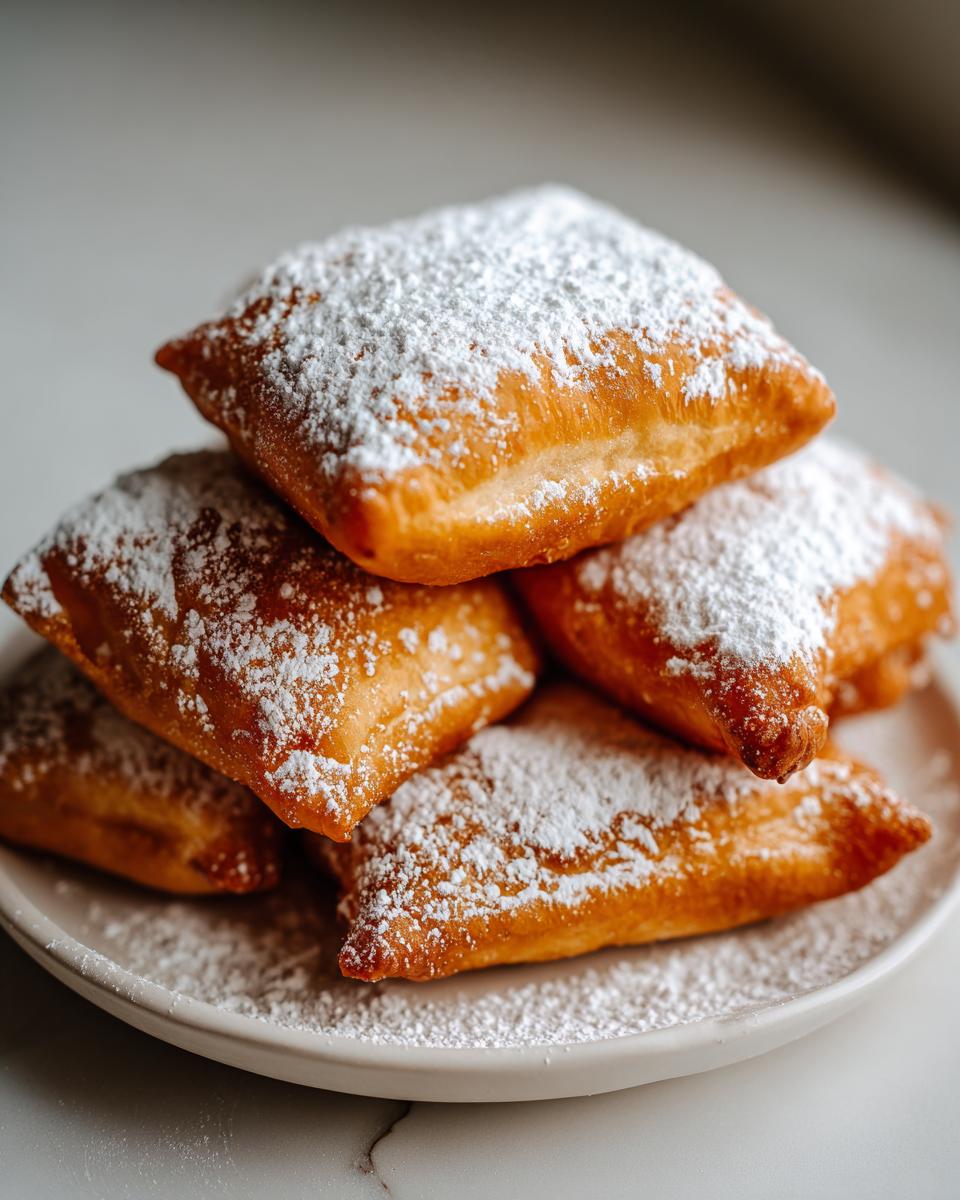 A close-up photo of a stack of golden brown vanilla french beignets generously covered in powdered sugar on a white plate.
