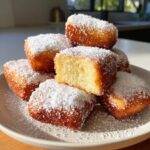 A stack of golden brown vanilla french beignets generously dusted with powdered sugar, one piece cut open showing the fluffy interior.