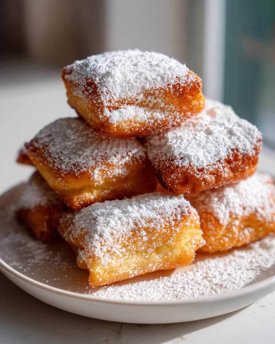 A stack of golden brown vanilla french beignets generously dusted with bright white powdered sugar on a white plate.