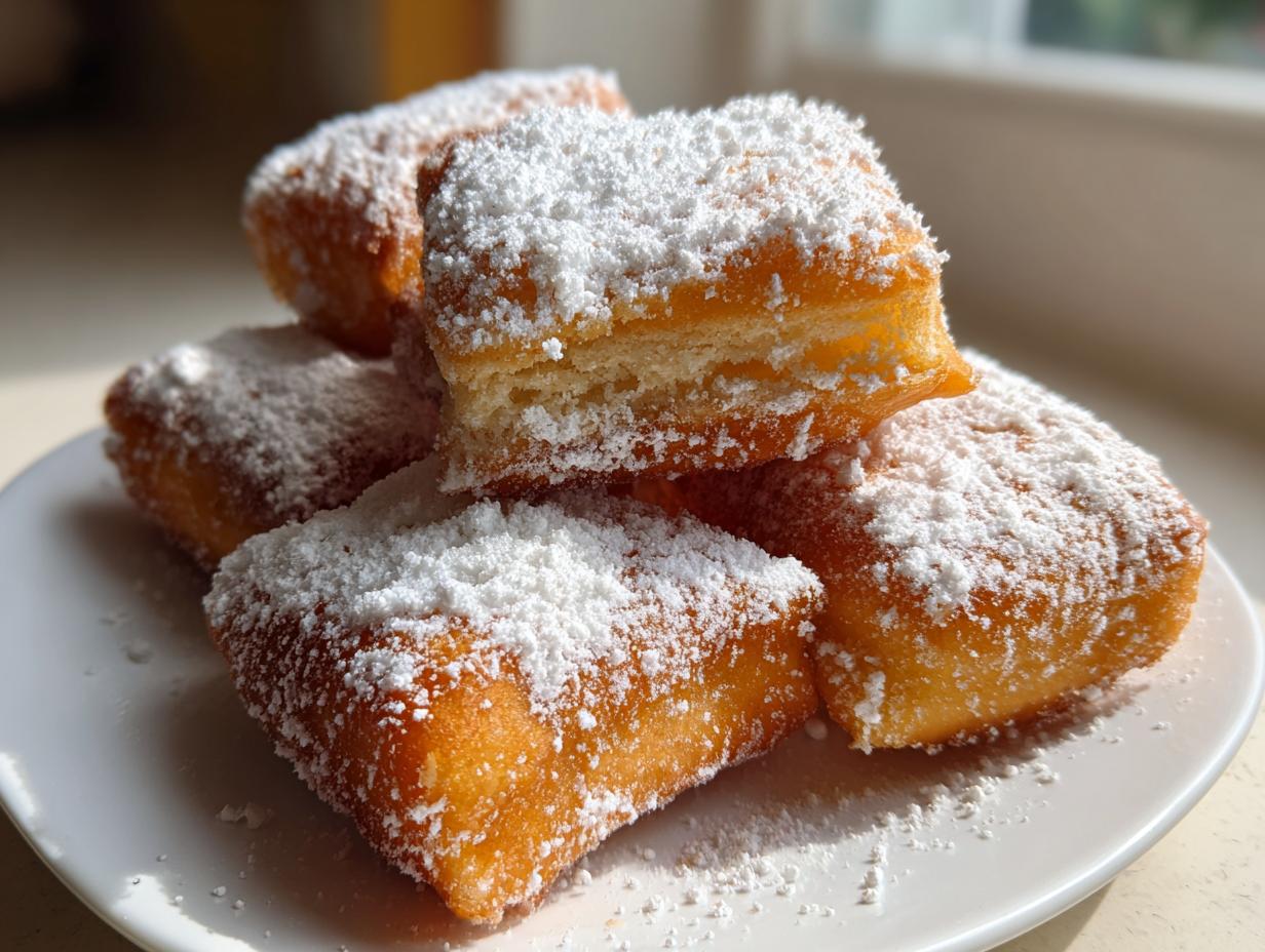 A stack of golden brown vanilla french beignets generously dusted with white powdered sugar on a white plate.
