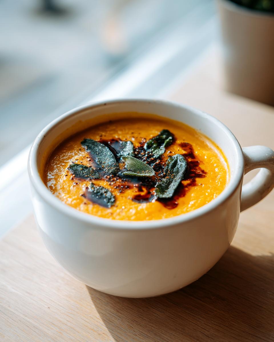 Close-up of a creamy orange vegan butternut squash soup topped with fried sage leaves and dark oil.