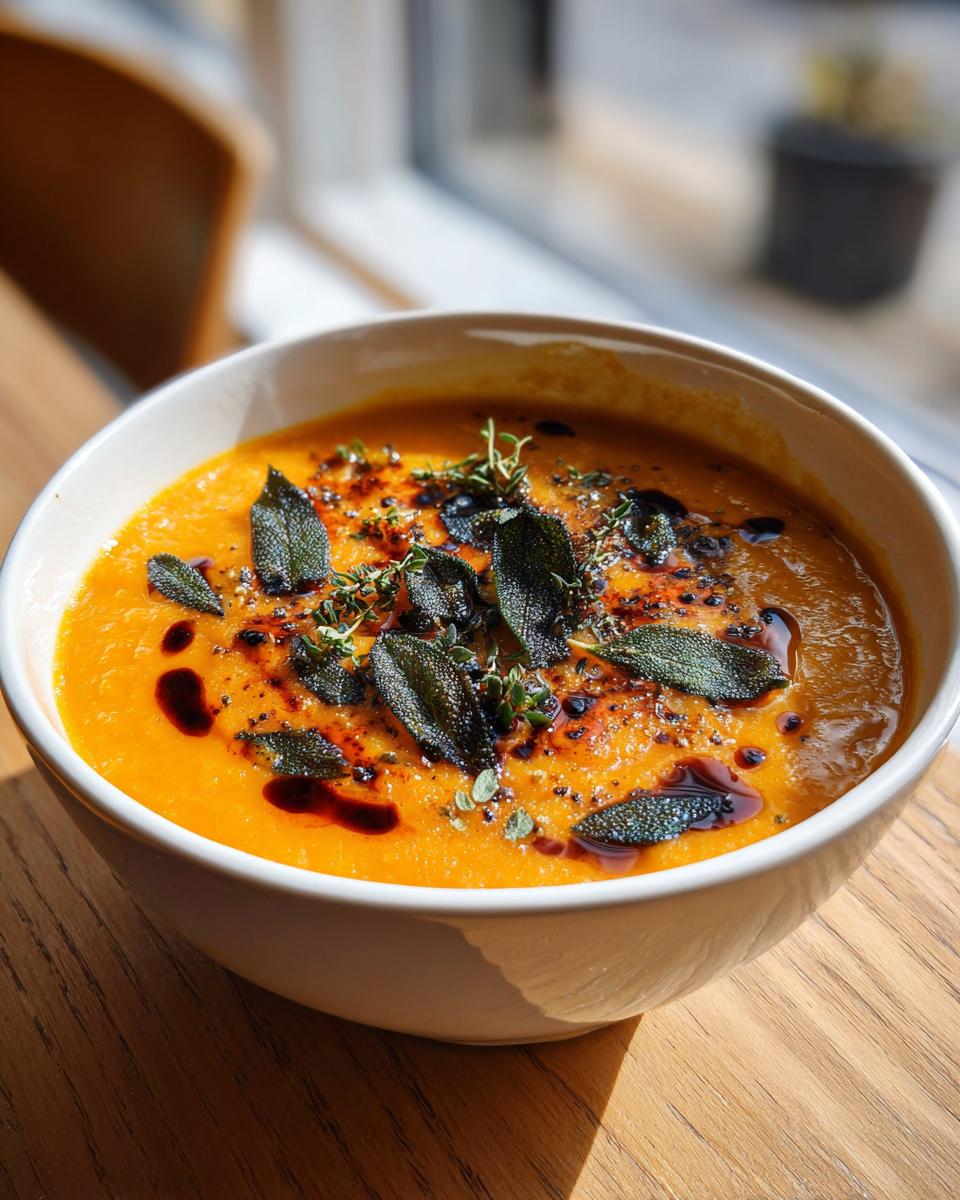 Close-up of a vibrant orange vegan butternut squash soup topped with fried sage leaves and herbs.