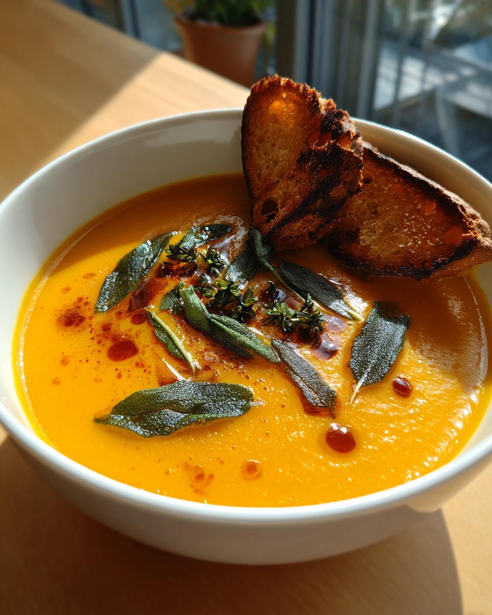 Close-up of creamy vegan butternut squash soup topped with crispy sage, thyme, and croutons.
