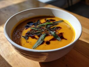 A close-up of a bowl of vibrant orange vegan butternut squash soup topped with crispy sage leaves and a dark balsamic drizzle.
