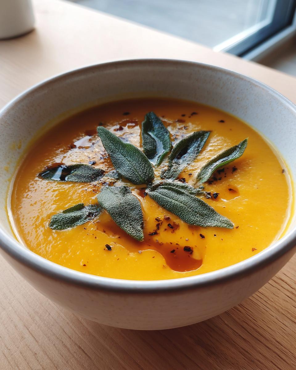 A close-up of creamy, bright orange vegan butternut squash soup topped with fried sage leaves and a drizzle of oil.