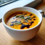 Close-up of vibrant orange vegan butternut squash soup topped with fresh sage leaves, black pepper, and balsamic glaze.