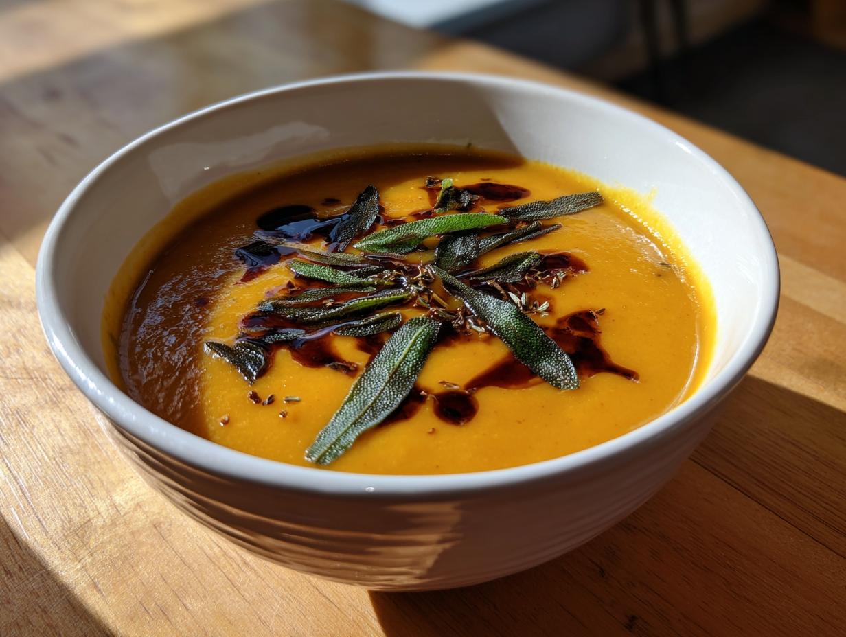 A close-up of a bowl of vibrant orange vegan butternut squash soup topped with crispy sage leaves and a dark balsamic drizzle.