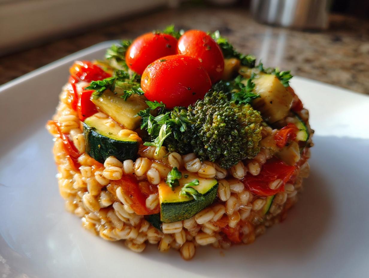 A perfectly molded portion of vegan vegetable barley salad featuring zucchini, broccoli, and cherry tomatoes.