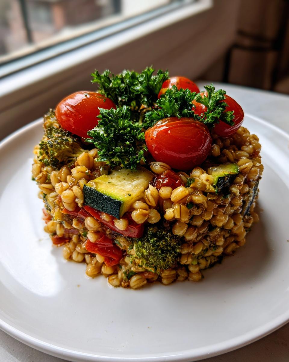A molded portion of vegan vegetable barley salad topped with roasted cherry tomatoes, zucchini, broccoli, and fresh parsley.