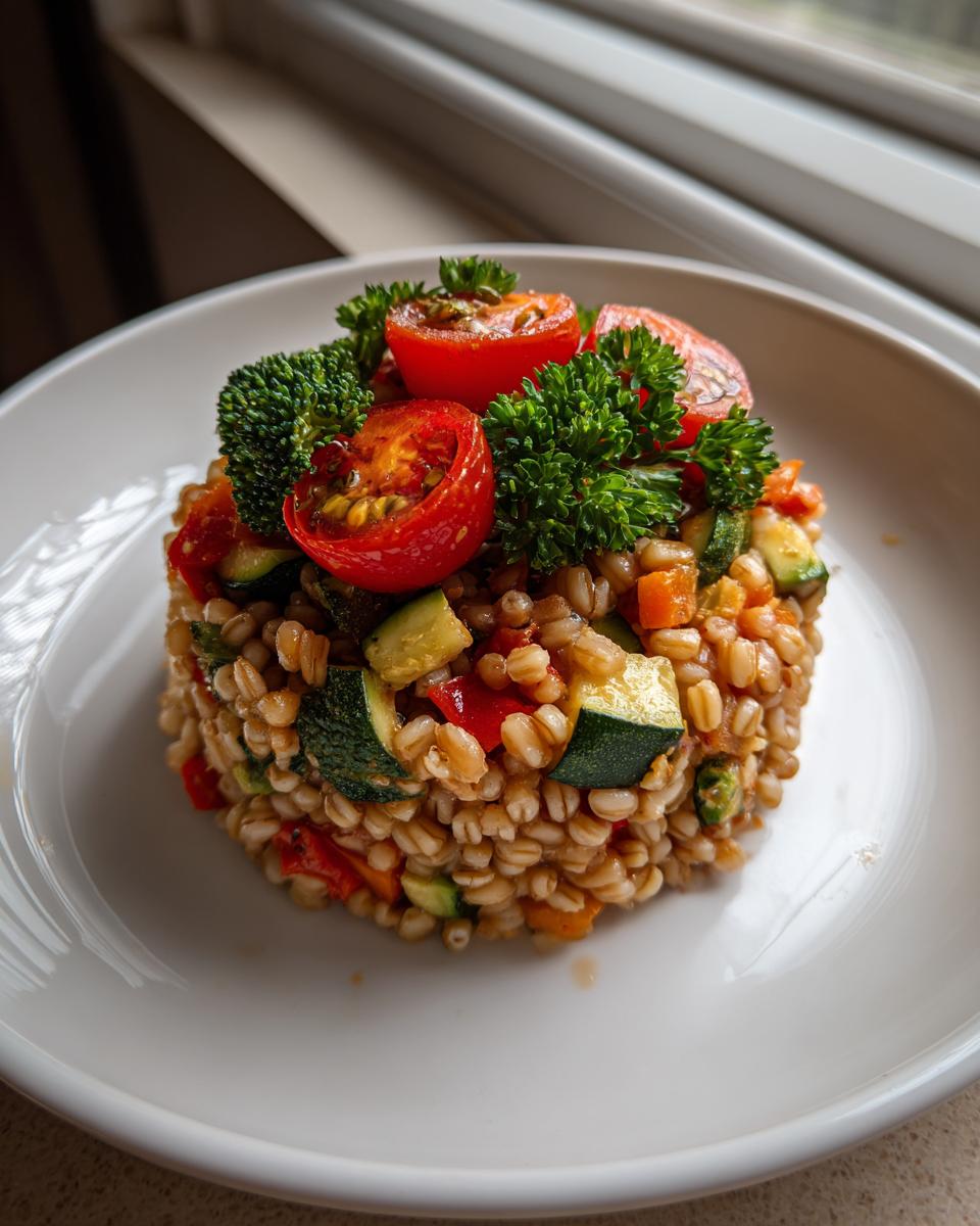 A perfectly molded portion of vegan vegetable barley salad topped with cherry tomatoes, broccoli florets, and parsley.