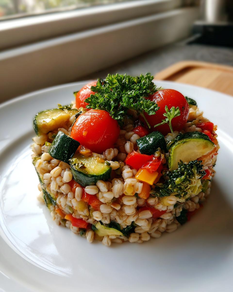 A molded serving of vegan vegetable barley salad featuring barley, zucchini, peppers, topped with cherry tomatoes and parsley.