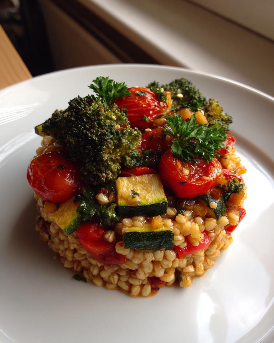 A perfectly molded portion of vegan vegetable barley salad topped with roasted broccoli, cherry tomatoes, and zucchini.