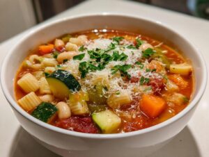 Close-up of a white bowl filled with rich vegetable minestrone soup, topped with grated Parmesan and fresh parsley.
